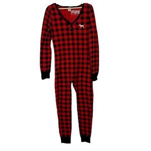 PINK Victoria's Secret One Piece Pajama Womens L Red Buffalo Plaid Thermal